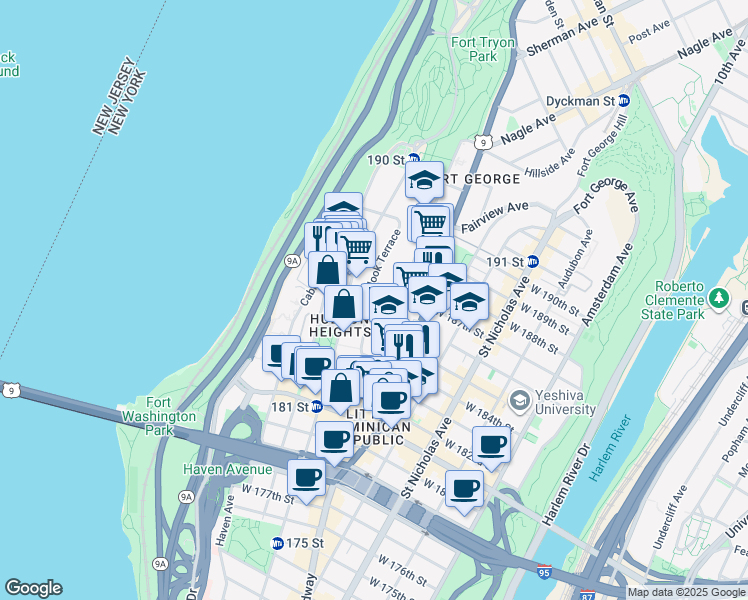map of restaurants, bars, coffee shops, grocery stores, and more near 50 Overlook Terrace in New York