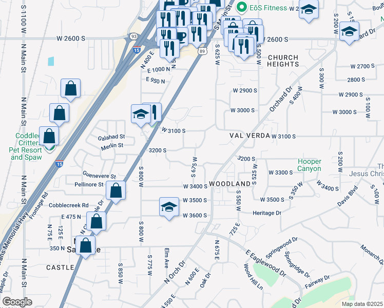 map of restaurants, bars, coffee shops, grocery stores, and more near 3238 South 675 West in Bountiful