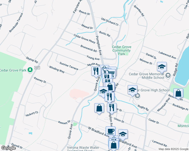 map of restaurants, bars, coffee shops, grocery stores, and more near in Cedar Grove