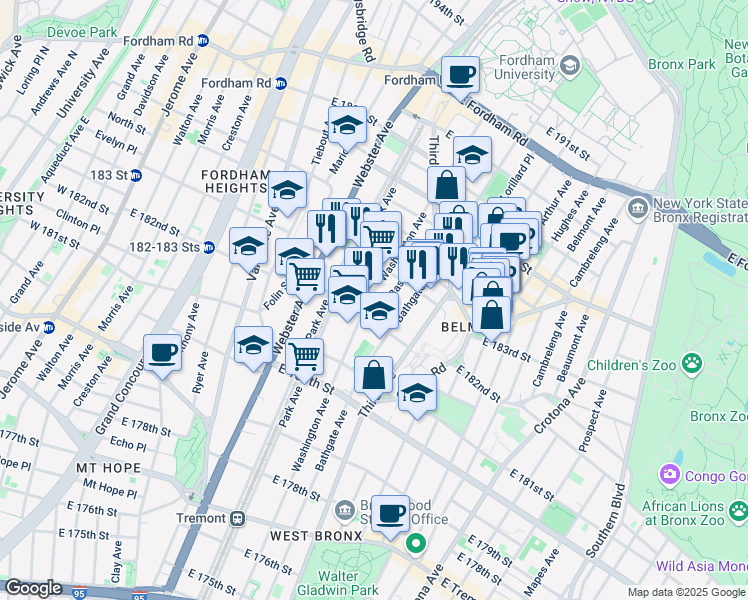 map of restaurants, bars, coffee shops, grocery stores, and more near 2240 Washington Avenue in The Bronx