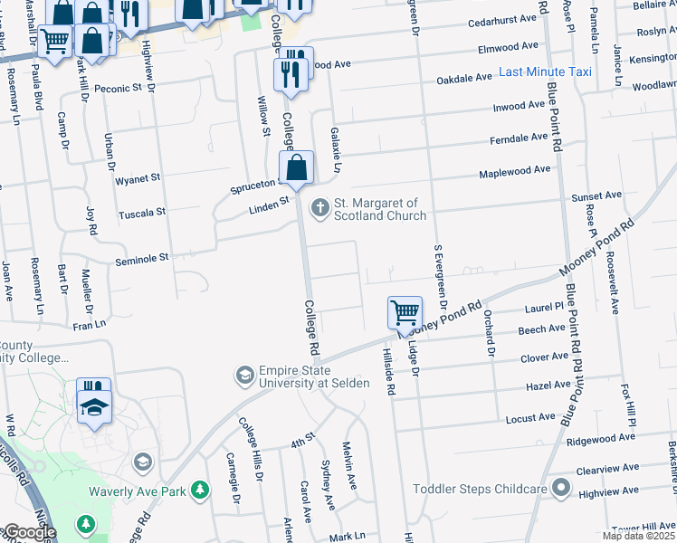map of restaurants, bars, coffee shops, grocery stores, and more near 111 College Road in Selden