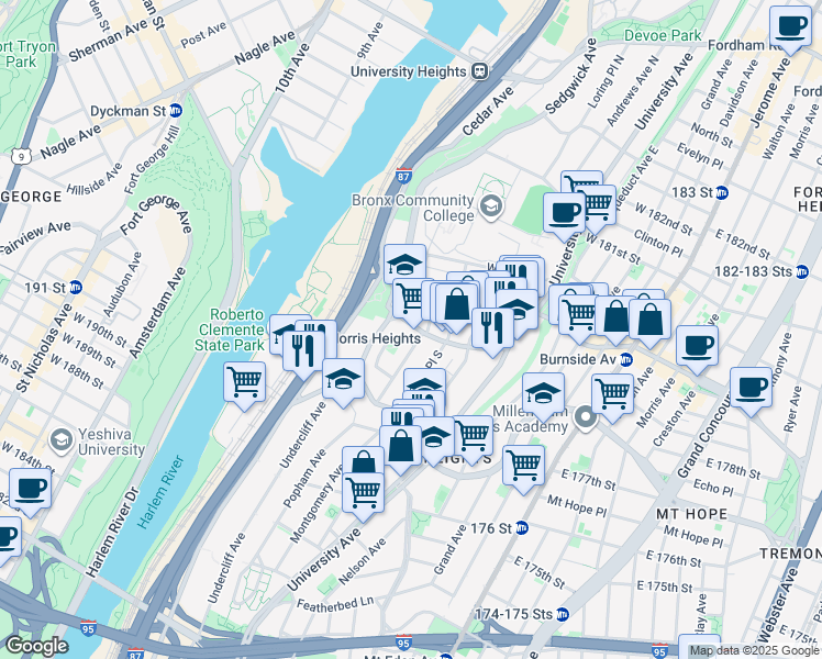 map of restaurants, bars, coffee shops, grocery stores, and more near 179 West Burnside Avenue in The Bronx