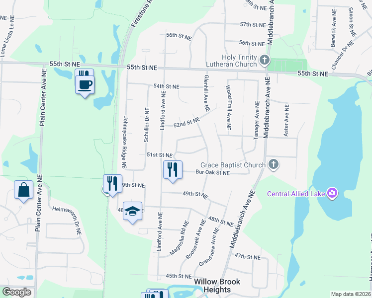 map of restaurants, bars, coffee shops, grocery stores, and more near 2350 Raintree Street Northeast in Canton