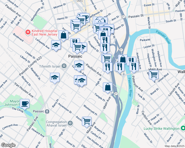 map of restaurants, bars, coffee shops, grocery stores, and more near 111 Paulison Avenue in Clifton