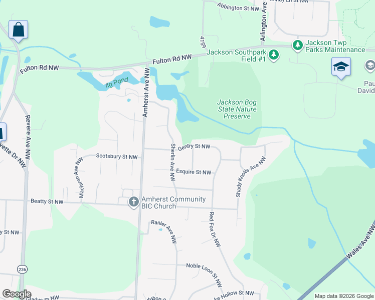 map of restaurants, bars, coffee shops, grocery stores, and more near 5053 Highsaddle Avenue Northwest in Massillon