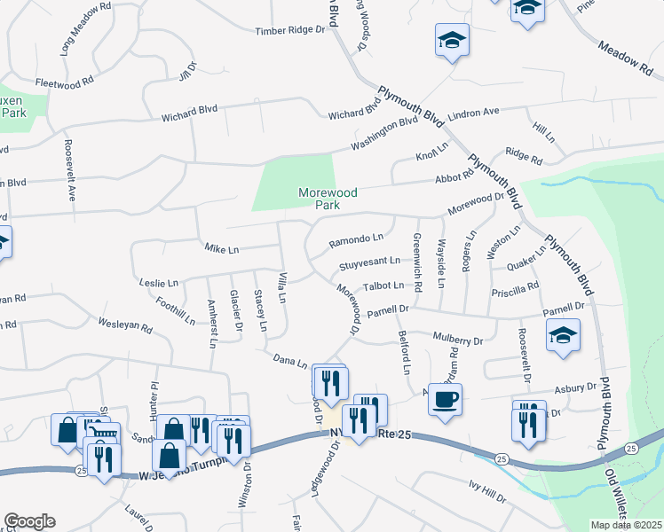 map of restaurants, bars, coffee shops, grocery stores, and more near 49 Morewood Drive in Smithtown