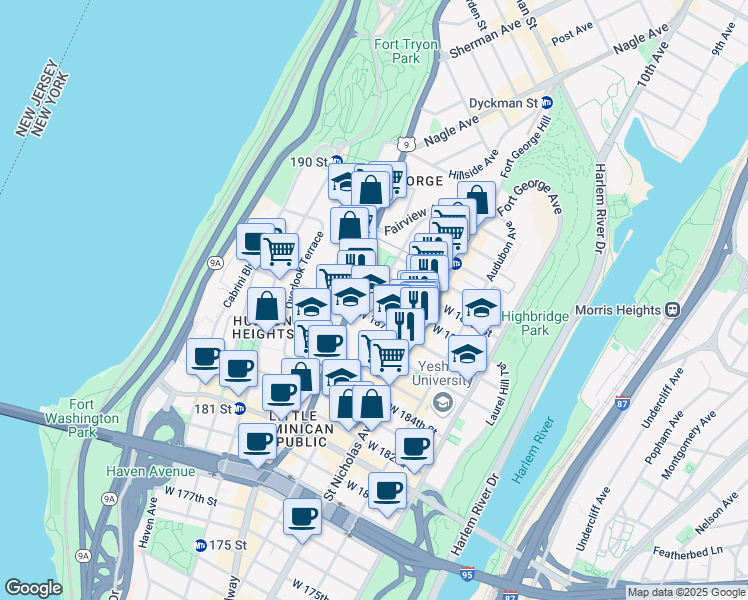 map of restaurants, bars, coffee shops, grocery stores, and more near 658 West 188th Street in New York