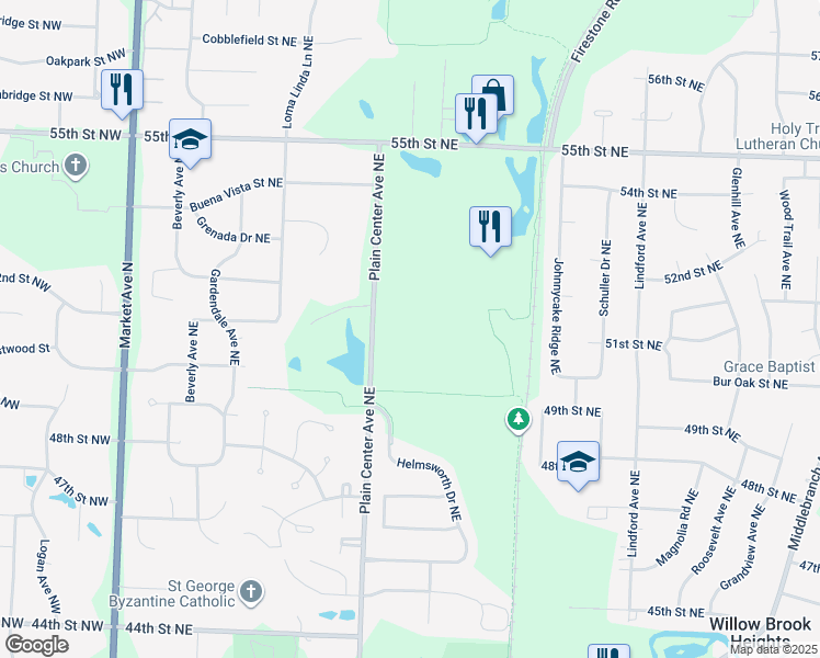 map of restaurants, bars, coffee shops, grocery stores, and more near 5120 Plain Center Avenue Northeast in Canton