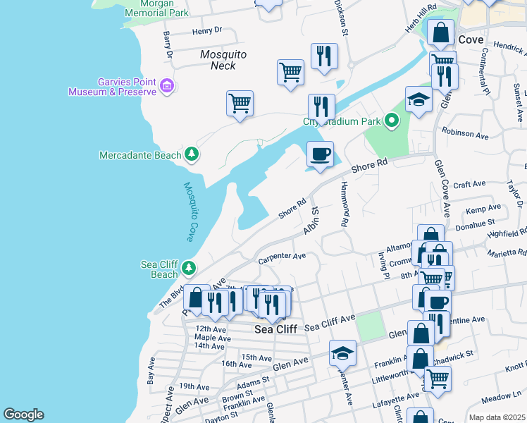 map of restaurants, bars, coffee shops, grocery stores, and more near 140 Shore Road in Glen Cove
