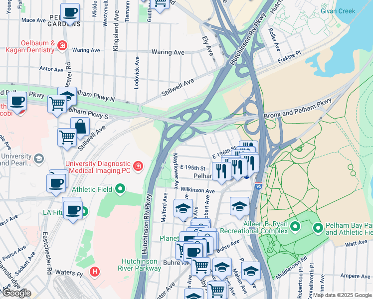 map of restaurants, bars, coffee shops, grocery stores, and more near 2849 East 196th Street in Bronx