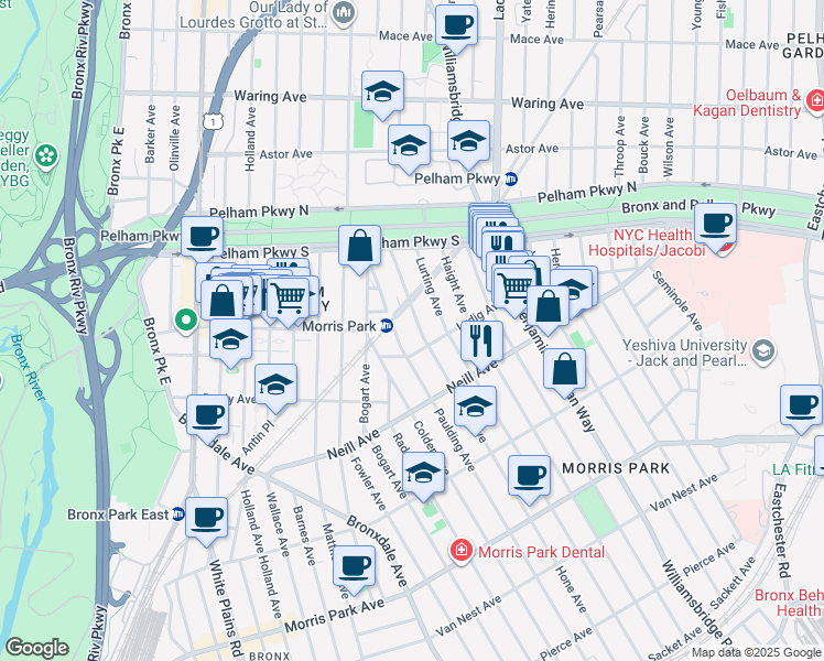 map of restaurants, bars, coffee shops, grocery stores, and more near 2121A Paulding Avenue in The Bronx