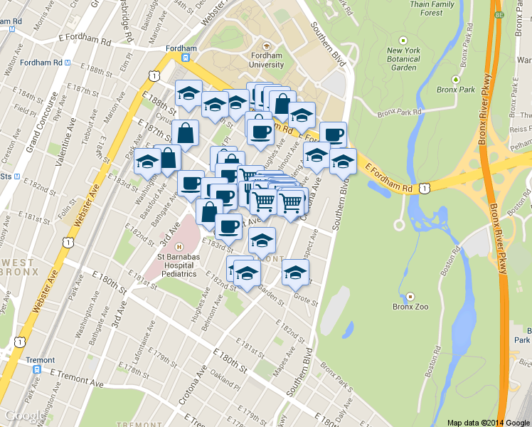 map of restaurants, bars, coffee shops, grocery stores, and more near in The Bronx