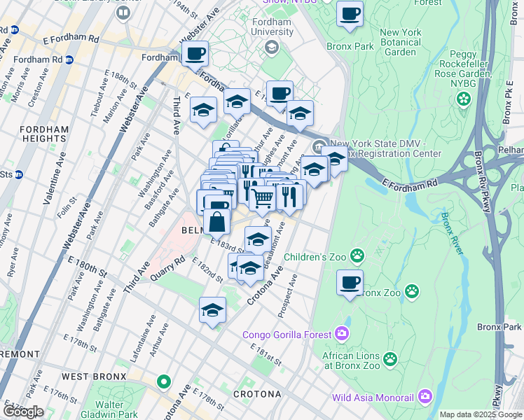 map of restaurants, bars, coffee shops, grocery stores, and more near in The Bronx