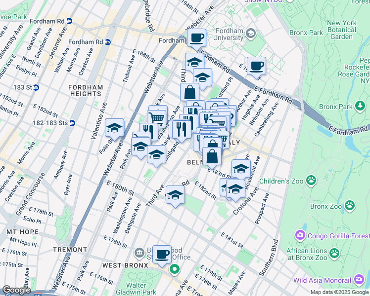 map of restaurants, bars, coffee shops, grocery stores, and more near in The Bronx