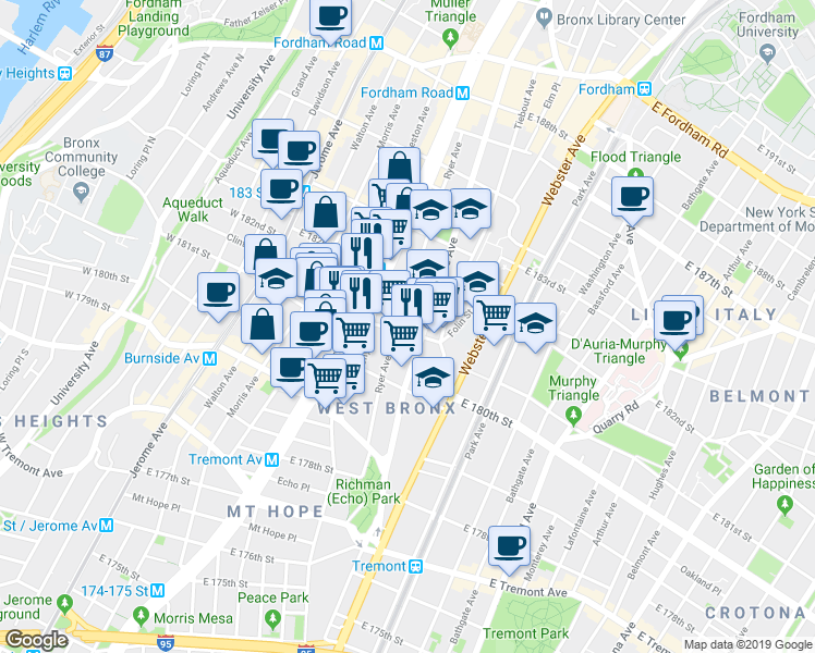 map of restaurants, bars, coffee shops, grocery stores, and more near 2115 Ryer Avenue in Bronx
