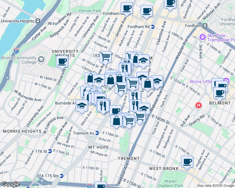 map of restaurants, bars, coffee shops, grocery stores, and more near in The Bronx