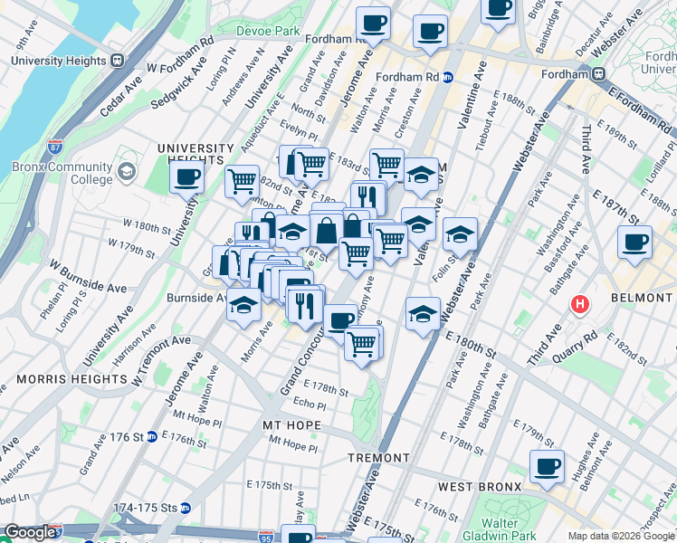 map of restaurants, bars, coffee shops, grocery stores, and more near 2086 Creston Avenue in Bronx