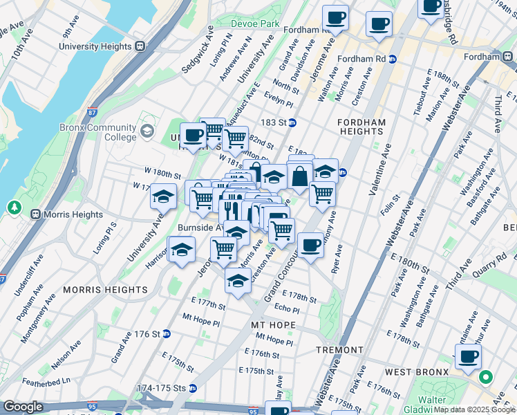 map of restaurants, bars, coffee shops, grocery stores, and more near 2065 Walton Avenue in The Bronx