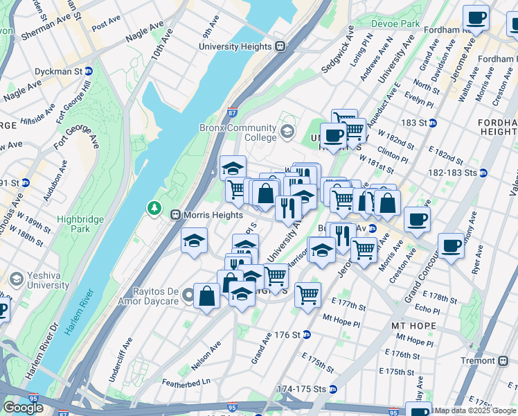 map of restaurants, bars, coffee shops, grocery stores, and more near 1899 Andrews Avenue South in Bronx