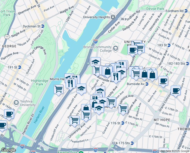 map of restaurants, bars, coffee shops, grocery stores, and more near 1887 Billingsley Terrace in The Bronx