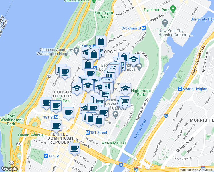 map of restaurants, bars, coffee shops, grocery stores, and more near 1565 Saint Nicholas Avenue in New York