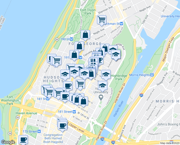 map of restaurants, bars, coffee shops, grocery stores, and more near 1565 Saint Nicholas Avenue in New York