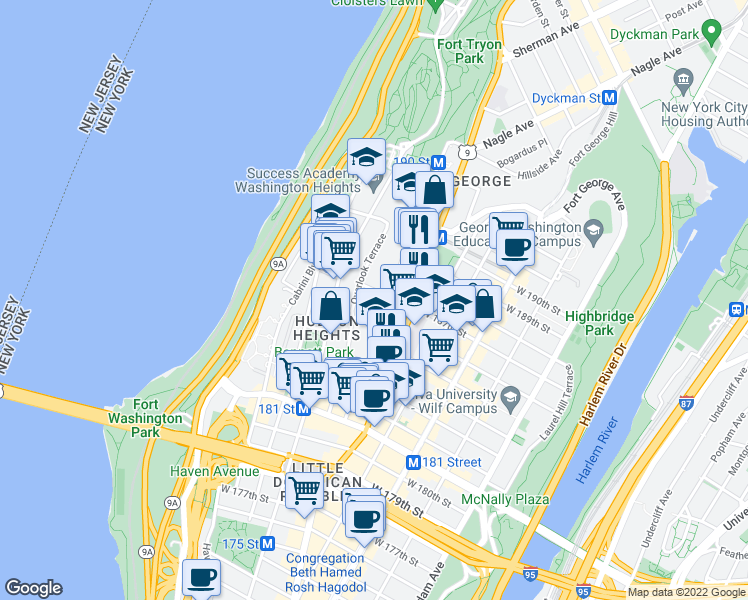 map of restaurants, bars, coffee shops, grocery stores, and more near 114 Bennett Avenue in New York