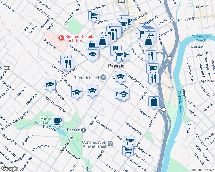 map of restaurants, bars, coffee shops, grocery stores, and more near 163 Boulevard in Passaic