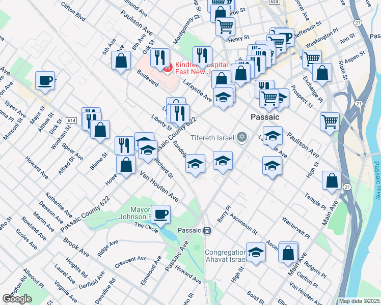 map of restaurants, bars, coffee shops, grocery stores, and more near 19 Offord Street in Passaic