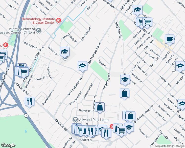 map of restaurants, bars, coffee shops, grocery stores, and more near 203 Beverly Hill Road in Clifton
