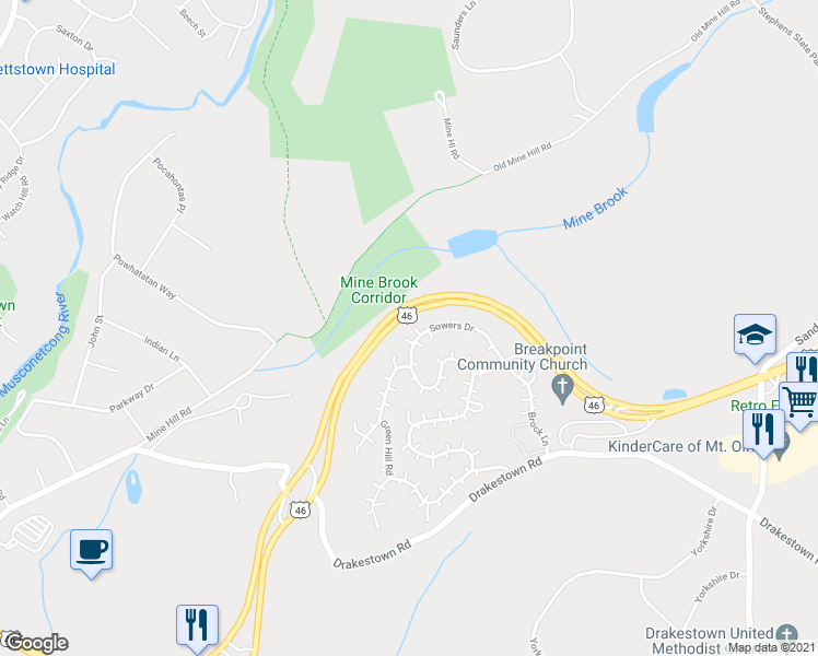 map of restaurants, bars, coffee shops, grocery stores, and more near 119 Sowers Drive in Hackettstown