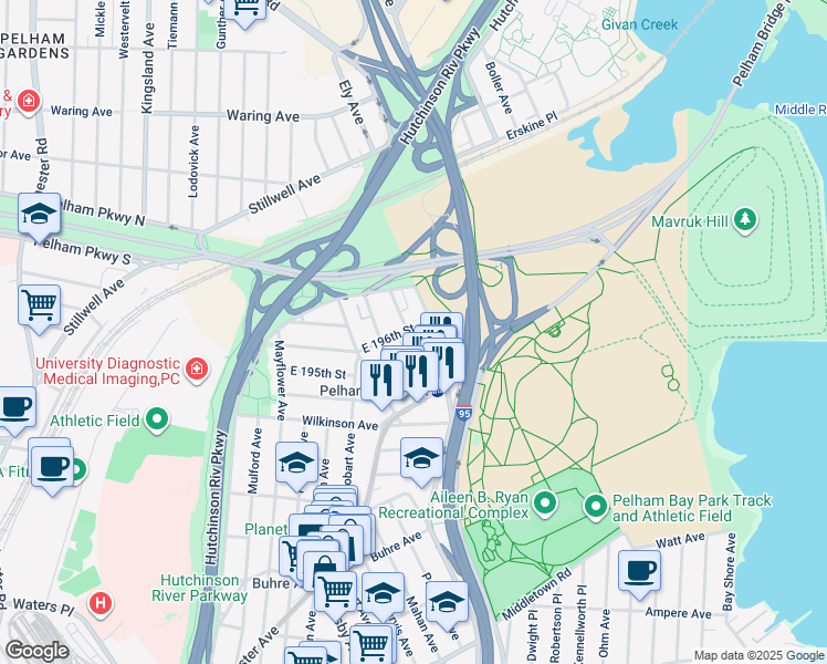 map of restaurants, bars, coffee shops, grocery stores, and more near 2048 Colonial Avenue in The Bronx