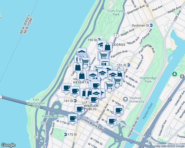 map of restaurants, bars, coffee shops, grocery stores, and more near 736 West 187th Street in New York