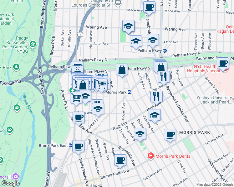map of restaurants, bars, coffee shops, grocery stores, and more near 901 Lydig Avenue in Bronx