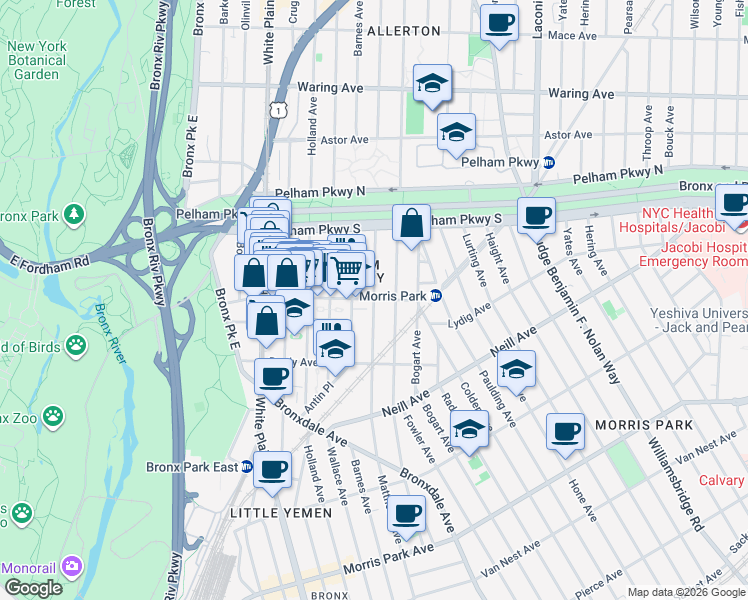 map of restaurants, bars, coffee shops, grocery stores, and more near Matthews Ave & Lydig Ave in Bronx