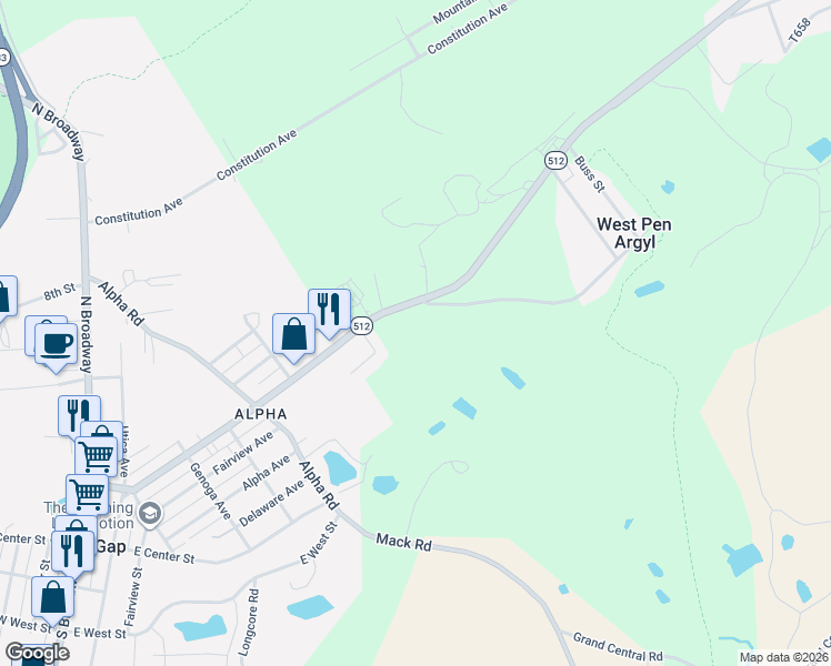 map of restaurants, bars, coffee shops, grocery stores, and more near 1030 Glass Street in Pen Argyl