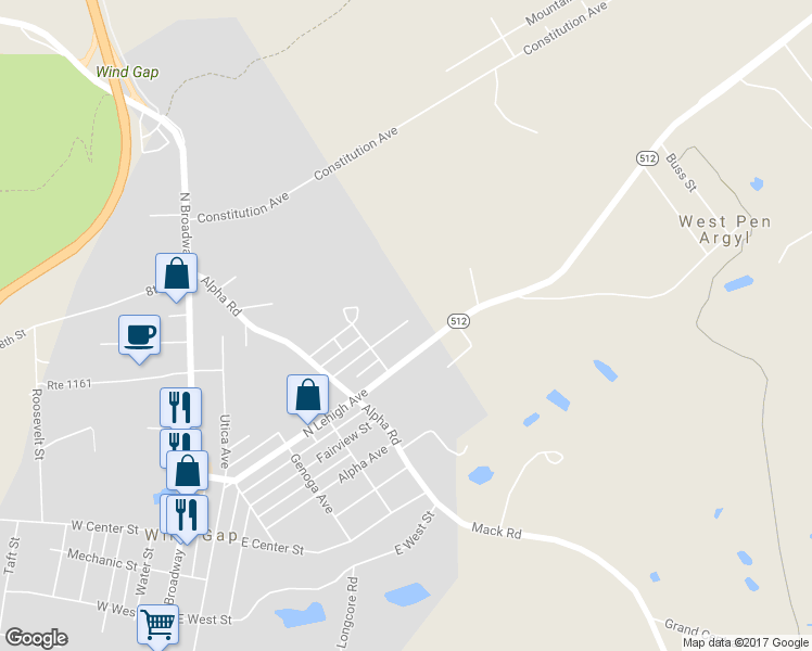 map of restaurants, bars, coffee shops, grocery stores, and more near 557 Liberty Street in Wind Gap