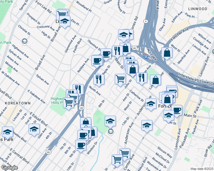 map of restaurants, bars, coffee shops, grocery stores, and more near 1611 Valley Street in Fort Lee