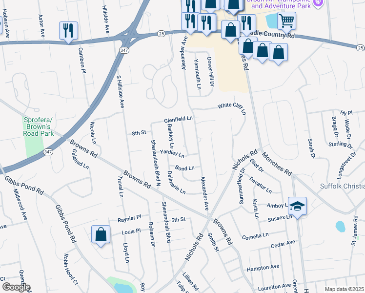 map of restaurants, bars, coffee shops, grocery stores, and more near 11 Yardley Lane in Nesconset