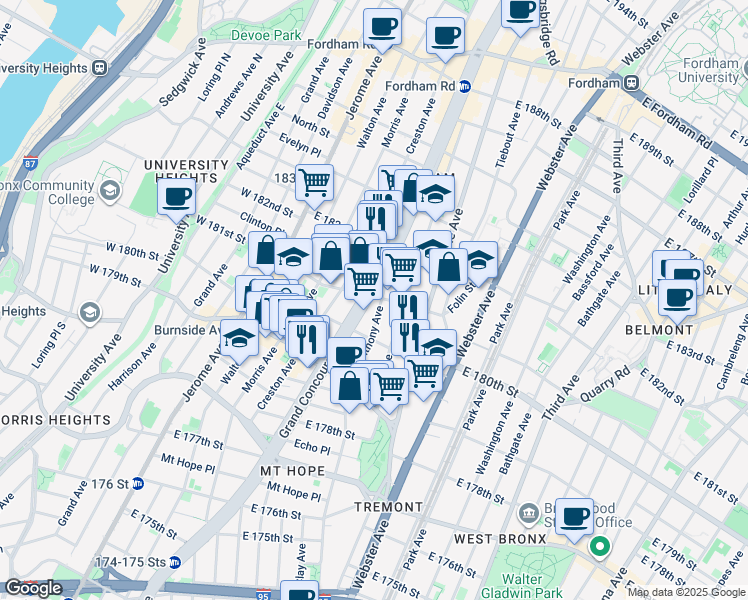 map of restaurants, bars, coffee shops, grocery stores, and more near in The Bronx