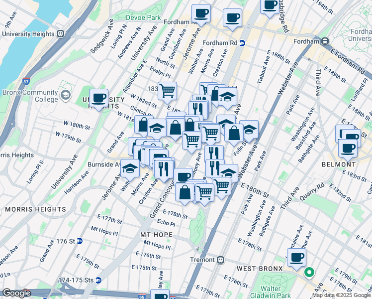 map of restaurants, bars, coffee shops, grocery stores, and more near in The Bronx