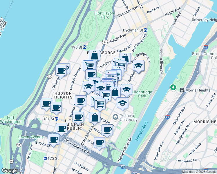 map of restaurants, bars, coffee shops, grocery stores, and more near 608 West 189th Street in New York