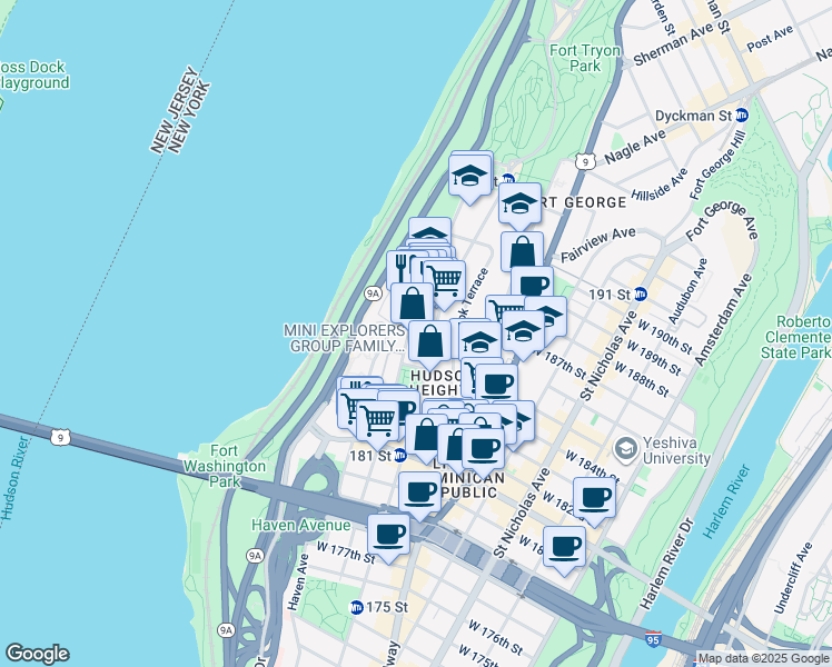 map of restaurants, bars, coffee shops, grocery stores, and more near 187 Pinehurst Avenue in New York