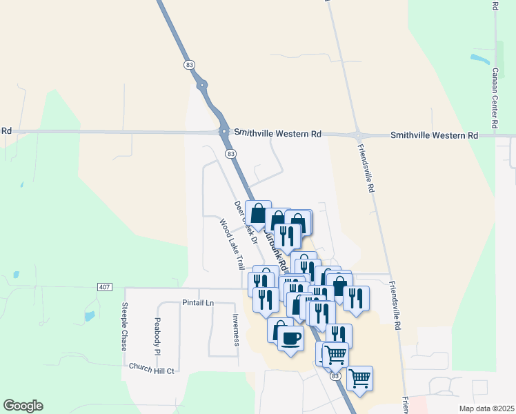 map of restaurants, bars, coffee shops, grocery stores, and more near 4465 Burbank Road in Wooster