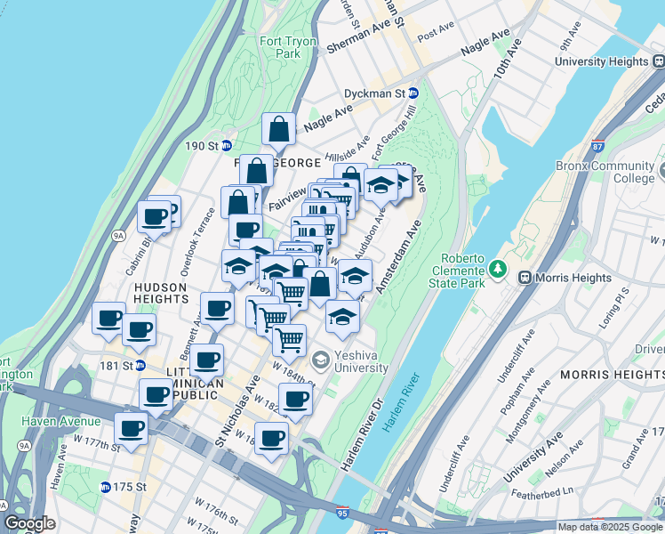 map of restaurants, bars, coffee shops, grocery stores, and more near 566 West 190th Street in New York