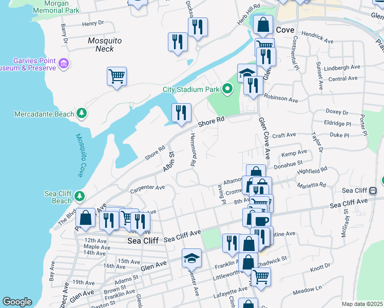 map of restaurants, bars, coffee shops, grocery stores, and more near 34 Hammond Road in Glen Cove