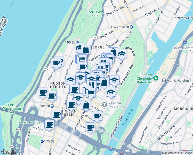map of restaurants, bars, coffee shops, grocery stores, and more near 614 West 189th Street in New York