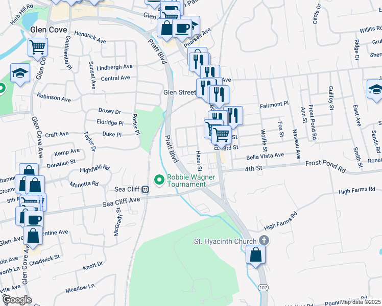 map of restaurants, bars, coffee shops, grocery stores, and more near 36 Carney Street in Glen Cove