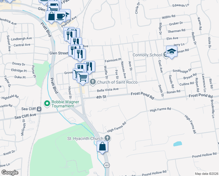 map of restaurants, bars, coffee shops, grocery stores, and more near 67 Wolfle Street in Glen Cove