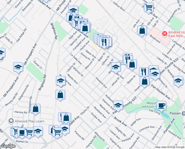 map of restaurants, bars, coffee shops, grocery stores, and more near 95 Howard Avenue in Clifton